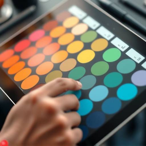 Close-up van een ontwerper die een digitaal schetsbord gebruikt met kleurpaletten.